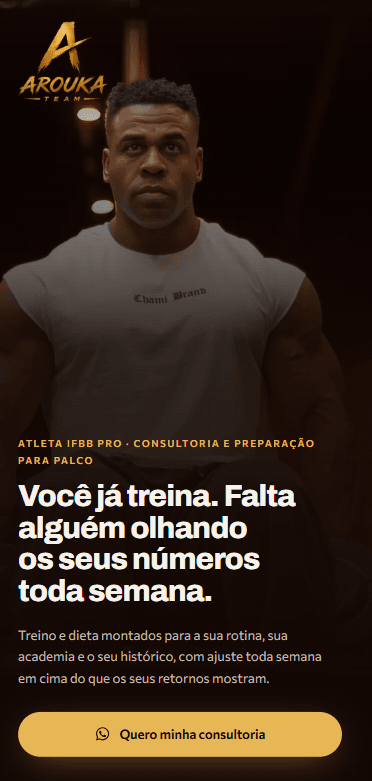 Landing page de Arouka Team — Preparação para palco